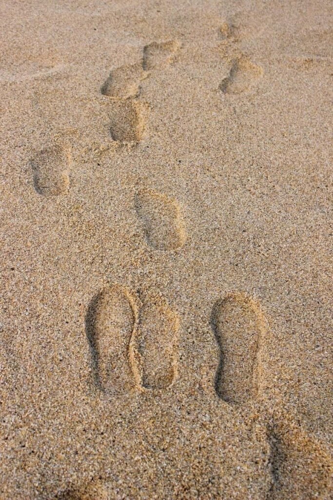 Empreintes de pas d'une famille dans le sable