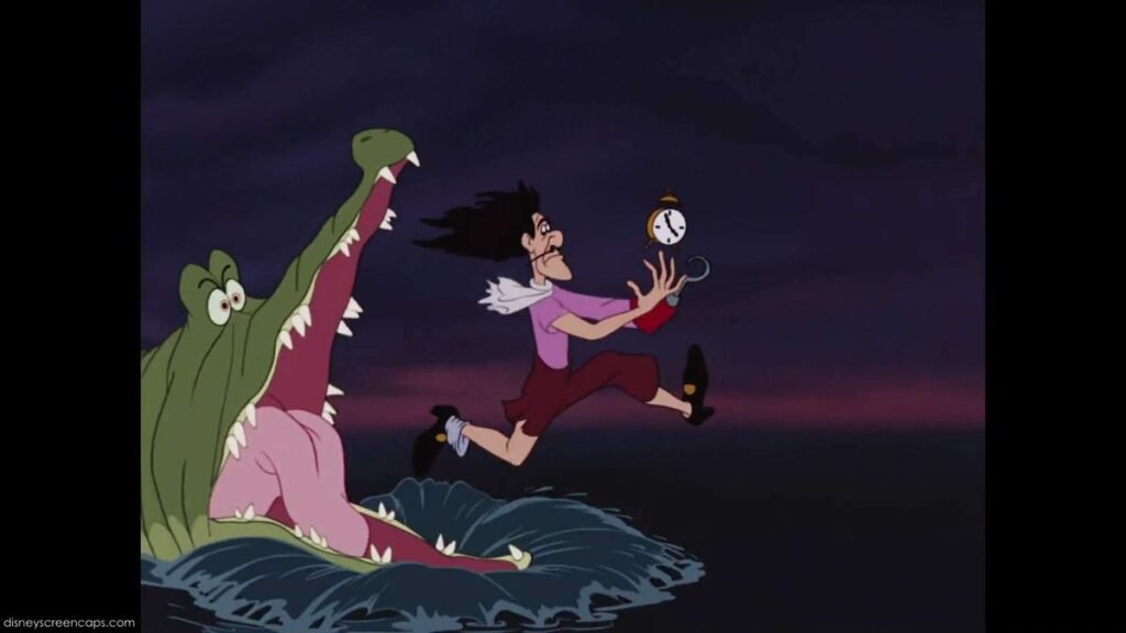 Disney Peter Pan, le Capitaine Crochet court avec un réveil à la main, poursuivi par le crocodile.