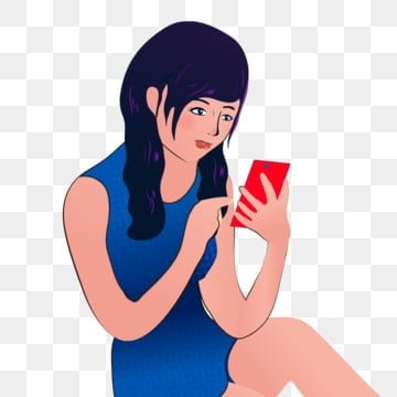 Femme en bleu sur son téléphone rouge